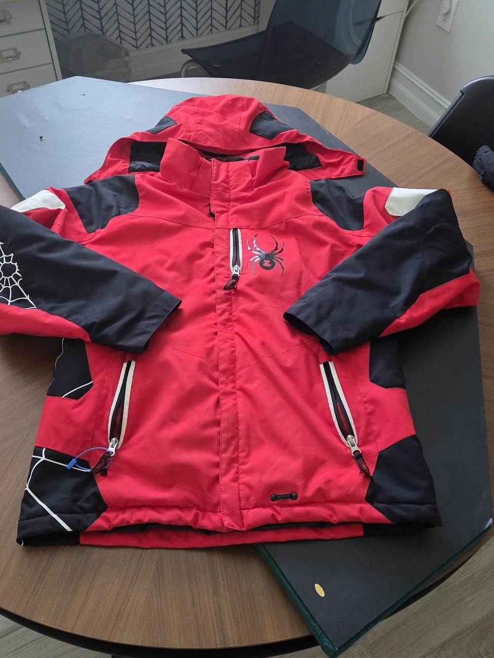 Spyder Red and Black Kids' Hooded Puffer Jacket with Spider Graphic